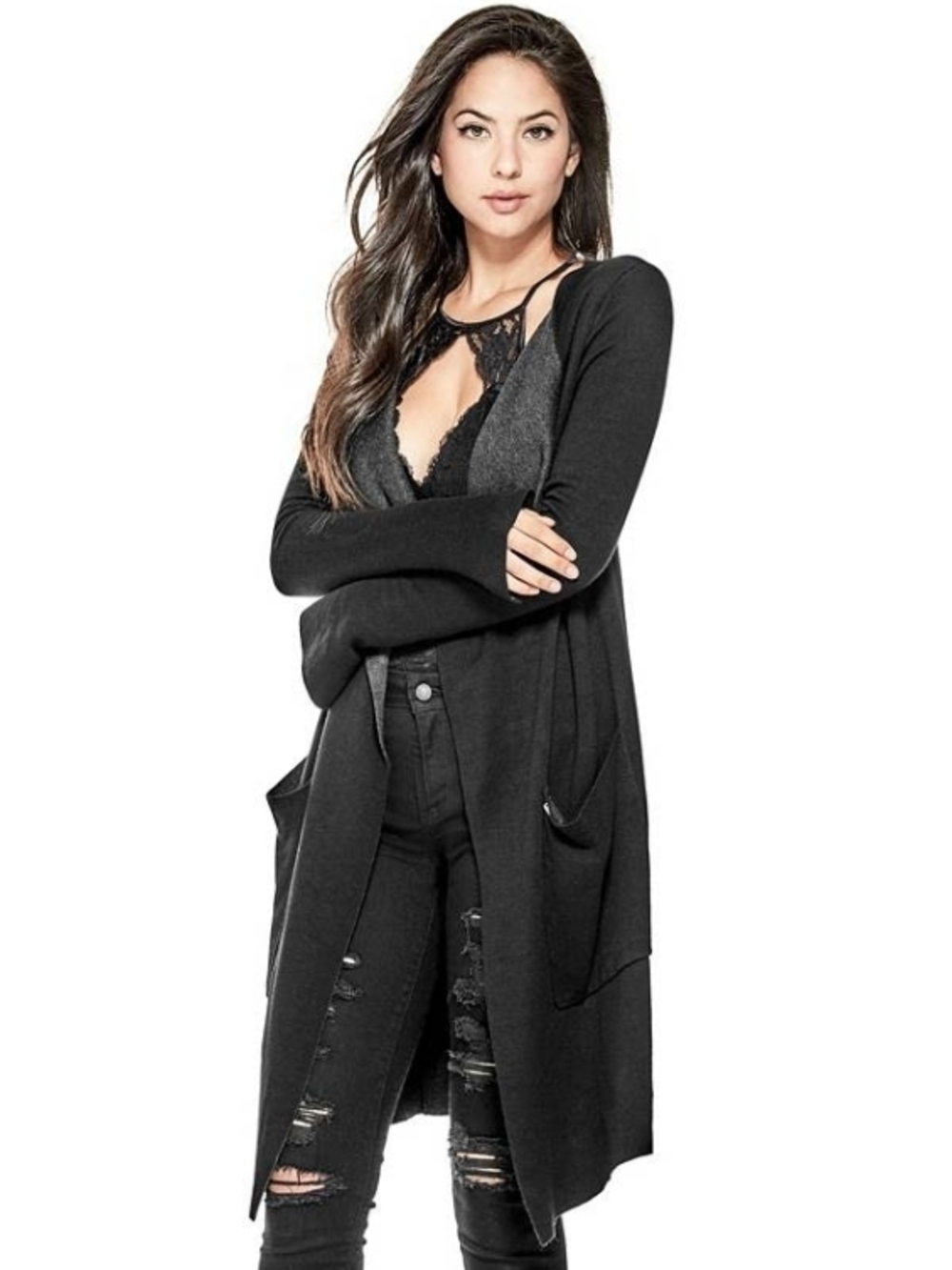 Black Long Open-Front Women's Draped Cardigan Sweater